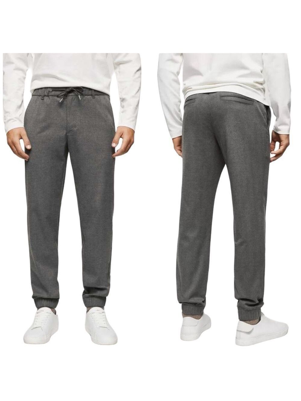 Mango Twill Slim Elastic Drawstring Waist Trouser Jogger Pants in Charcoal Grey